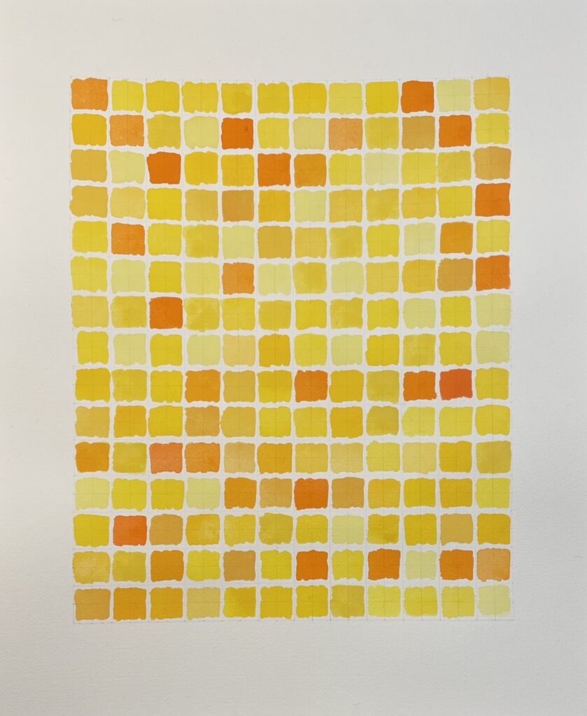 Image of hand painted square shaped in golden and yellow hue color by Lee Marshall