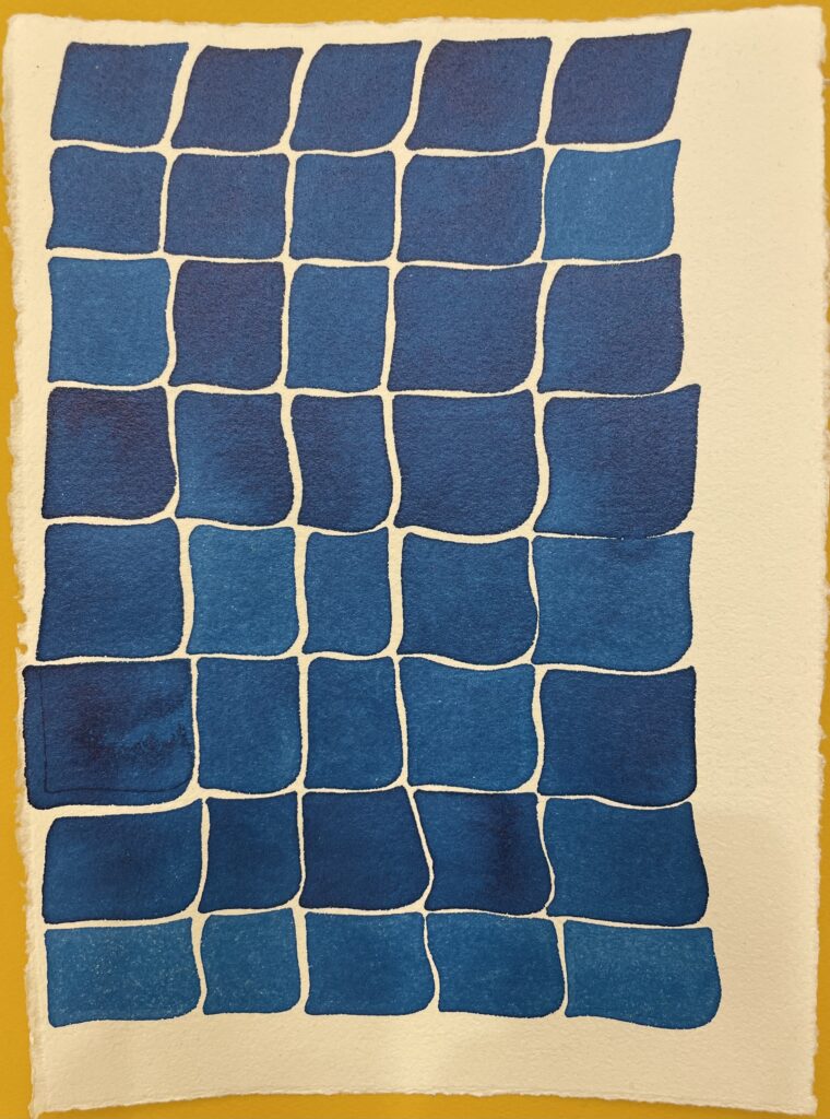 Image of hand painted squarish blocks of blue hues by Lee Marshall