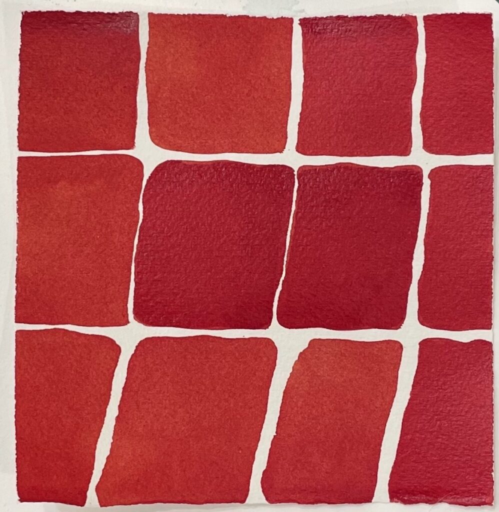 Image of hand painted reddish colored squarish blocks by Lee Marshall
