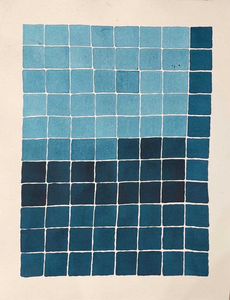 Image of hand painted squares of blue hues in water painted style by Lee Marshall