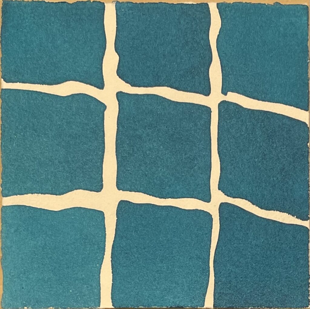 Image of hand painted blue water painted style blocks on cream canvas by Lee Marshall