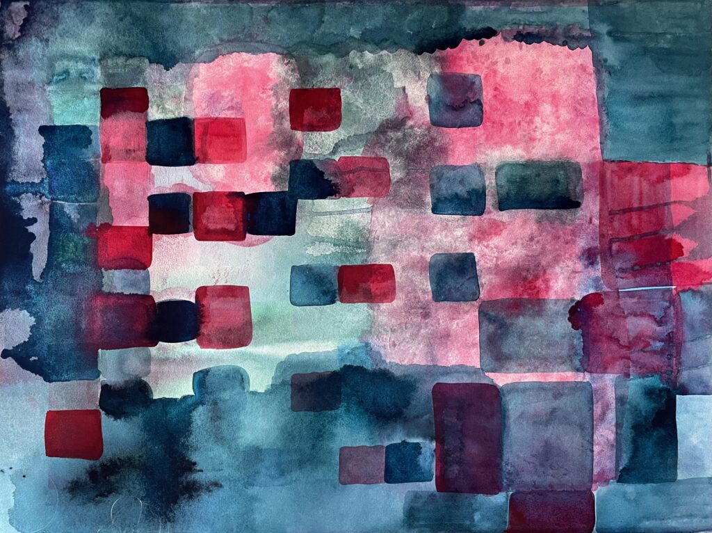 blue and red square pattern watercolor painting