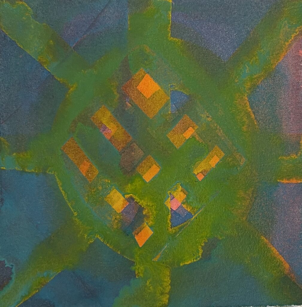 A painting with design in green and orange color